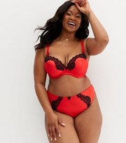 New Look Curves Red Satin Lace Trim Plunge Bra